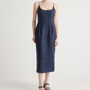 Quince 100% European Linen Scoop Neck Midi Dress Navy Women's XS